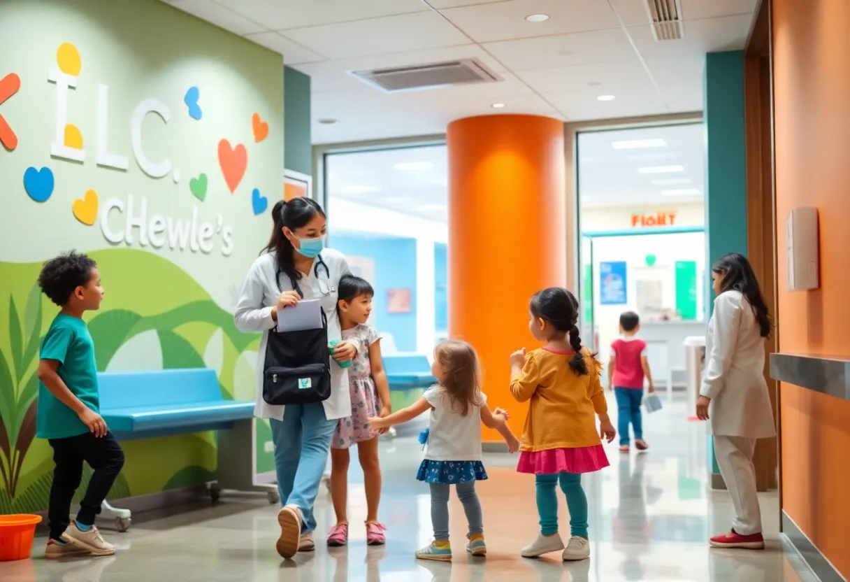 Children's Healthcare of Atlanta hospital exterior with children playing and healthcare professionals attending to them