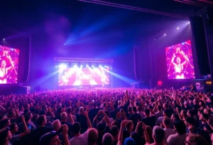 Crowd enjoying a concert with stage lights