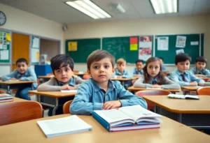 Classroom with desks and books representing student safety concerns