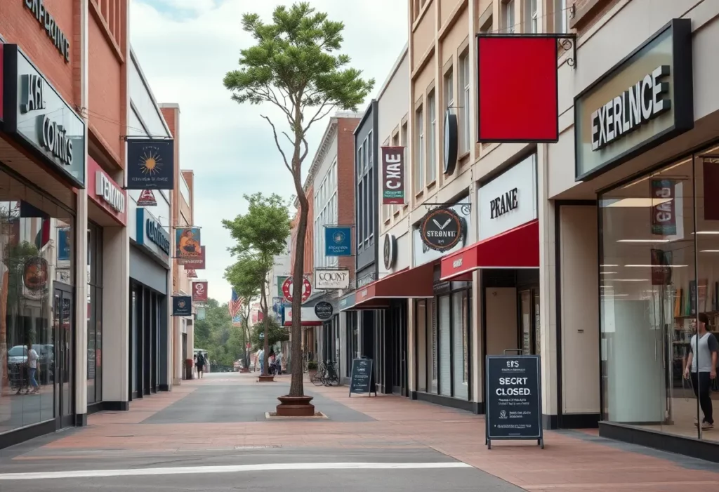 A view of closed retail stores on a shopping street in Georgia