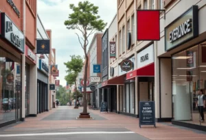 A view of closed retail stores on a shopping street in Georgia