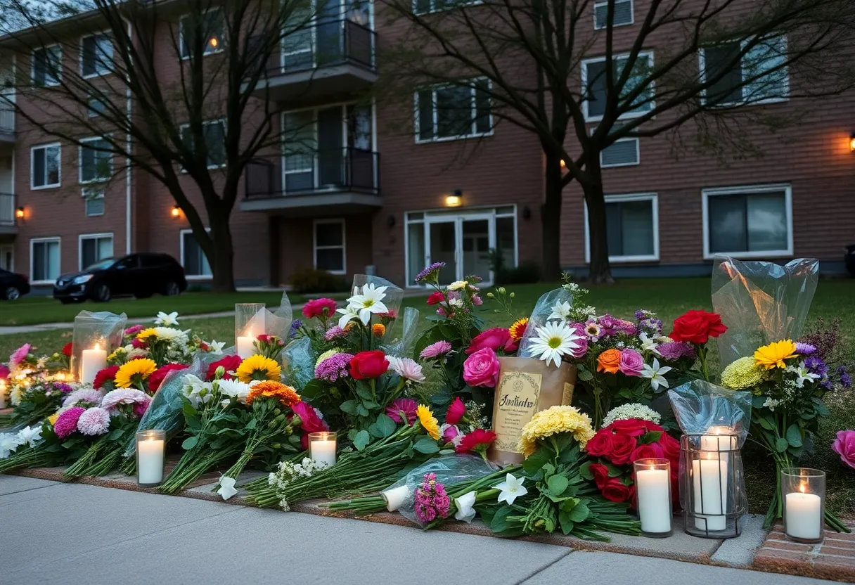 Memorial for deceased infant with flowers and candles