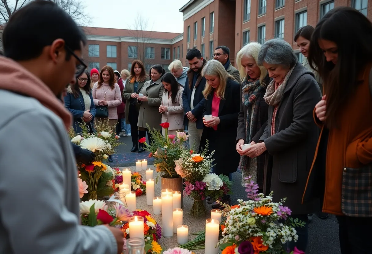 Candles and flowers at a memorial for Erica Anderson
