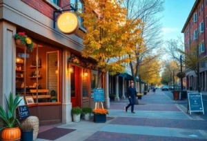 A picturesque view of a cozy neighborhood in Atlanta with coffee shops and fall decorations.