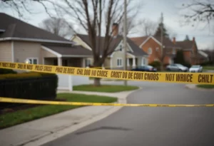 Police tape in a suburban neighborhood