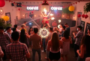 A lively coffee rave event with dancers and performers in a bright coffee shop.