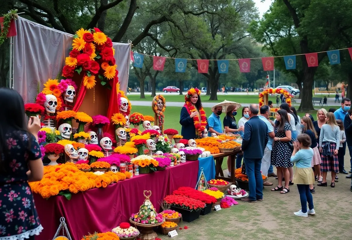 Festive Día de Muertos celebration in a park with altars, flowers, and families