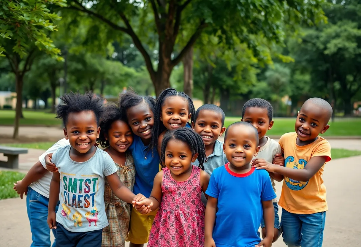 A group of diverse children playing in a park in Atlanta.