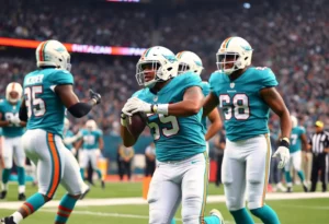 Miami Dolphins players celebrating during a game against the Atlanta Falcons