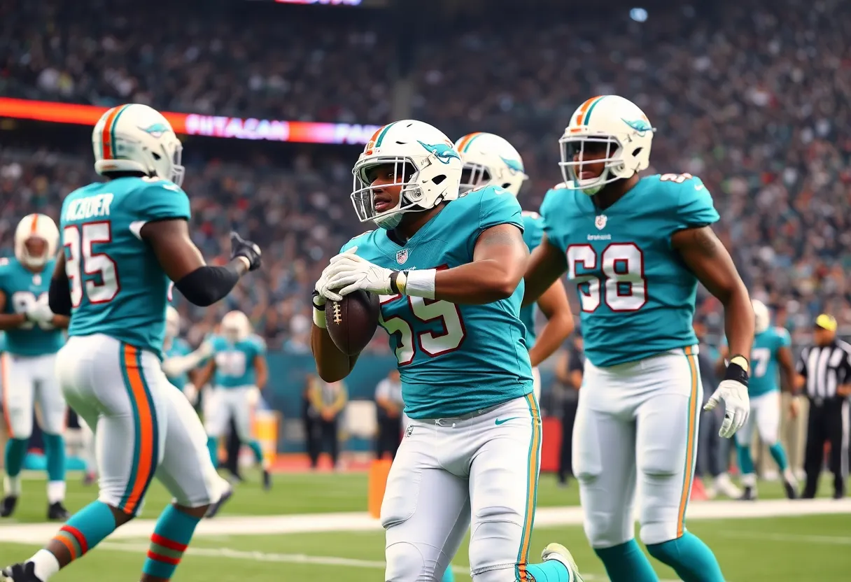 Miami Dolphins players celebrating during a game against the Atlanta Falcons