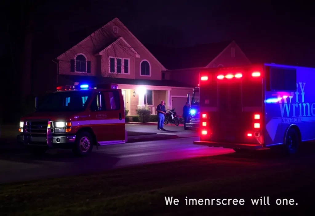Emergency vehicles outside a Douglasville home at night