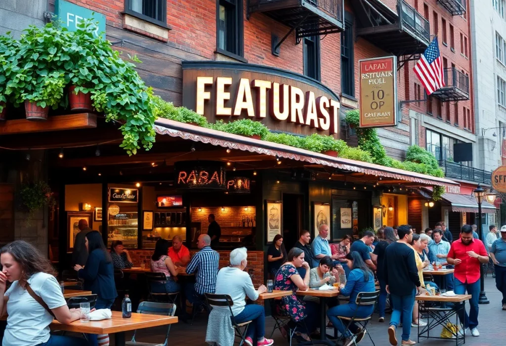 Exterior view of EATS Restaurant in Atlanta with customers dining outside.