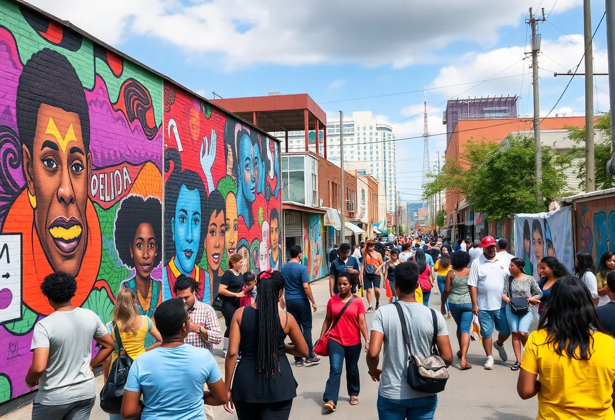 Crowd enjoying the ELEVATE Festival in Atlanta with colorful artworks
