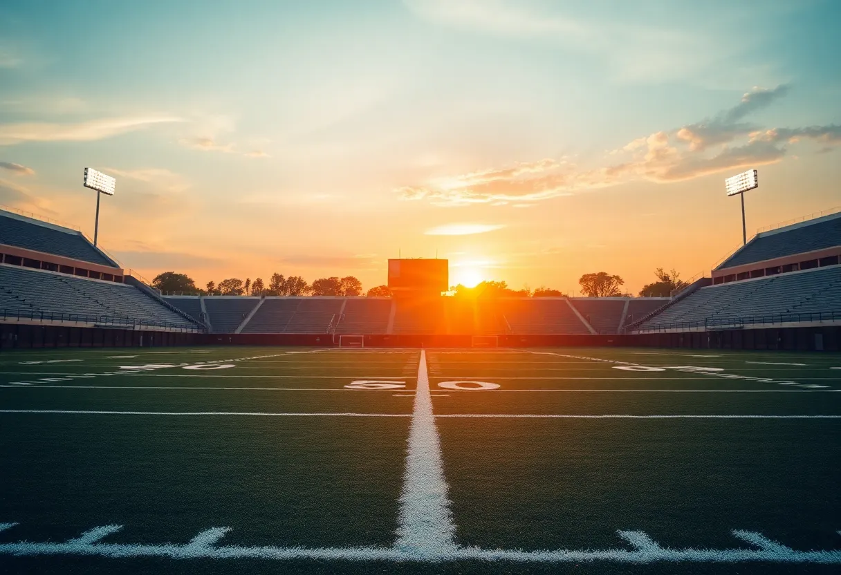 Football field with sunset lighting, symbolizing team transitions.