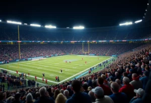 Football stadium during a night game featuring Falcons and 49ers