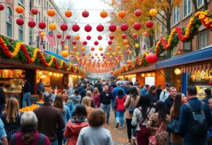 People enjoying fall festivals in Atlanta with decorations and autumn scenery