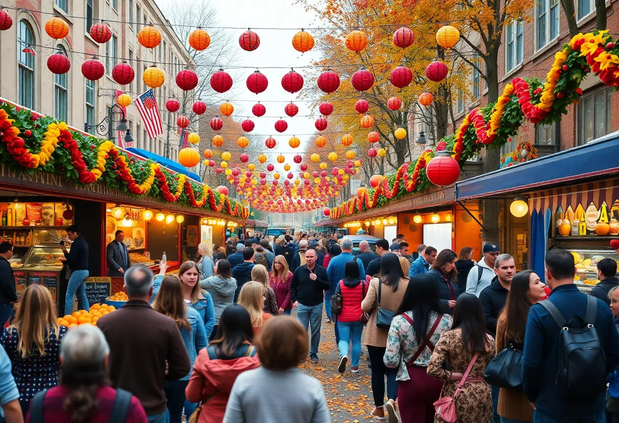 People enjoying fall festivals in Atlanta with decorations and autumn scenery