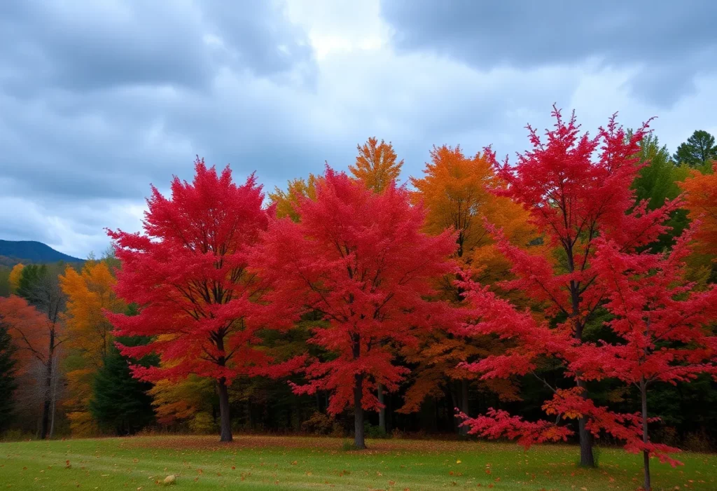 Colorful fall landscape with reds and golds in North Georgia.