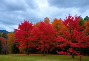 Colorful fall landscape with reds and golds in North Georgia.