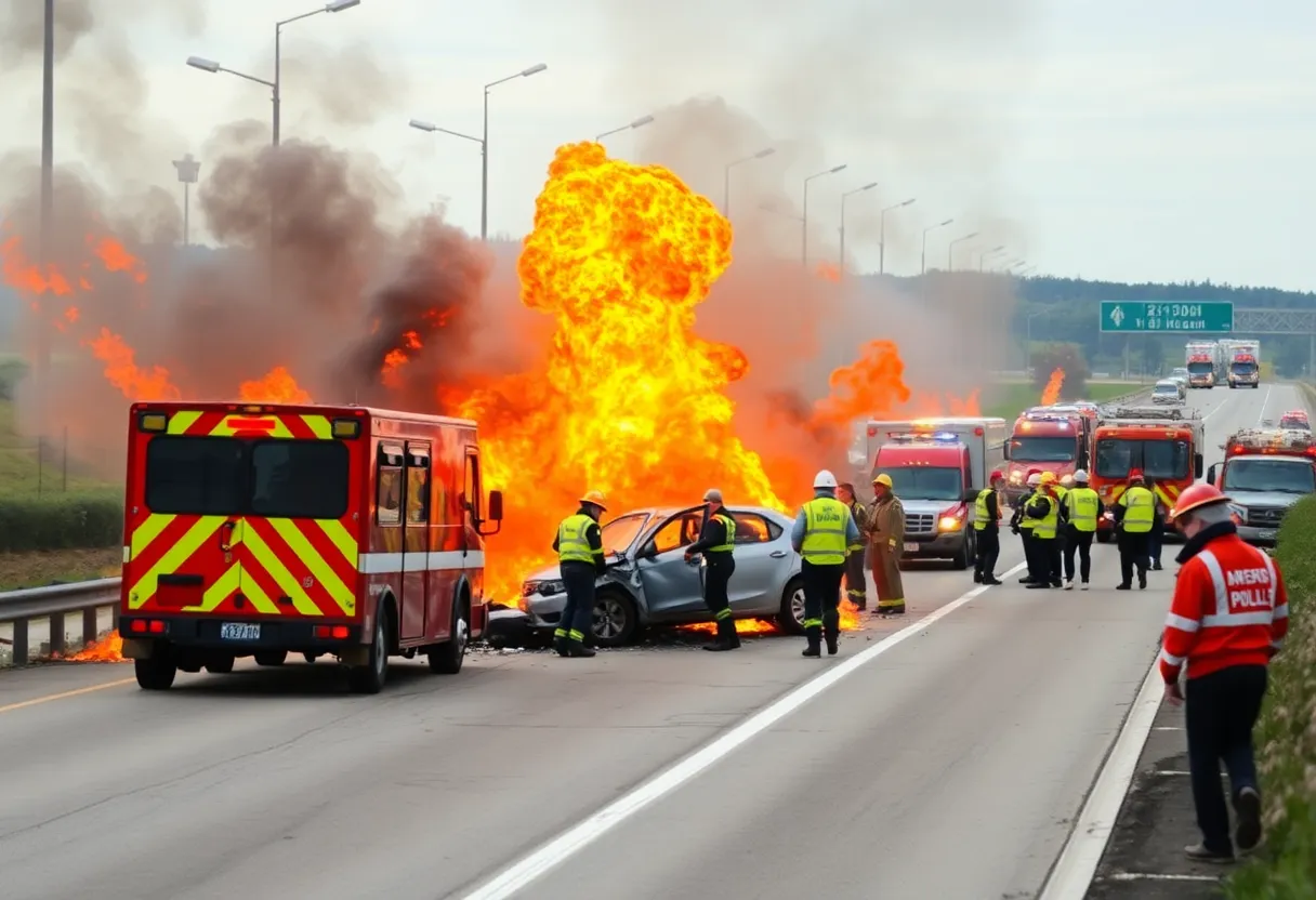 Emergency responders at the scene of a fiery crash on the highway in Gwinnett County.