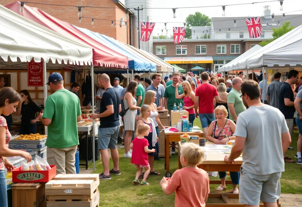 People enjoying the First Friday Food Fest at Pontoon Brewing with food vendors and live music.