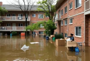 Flooded apartment complex parking lot