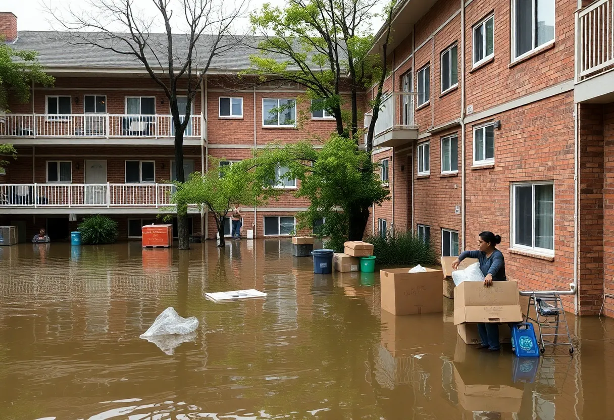 Flooded apartment complex parking lot