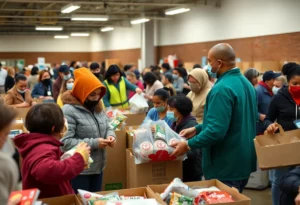Volunteers at a food bank assisting families during the SNAP benefit crisis