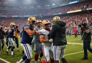Players involved in a postgame brawl during a football match.