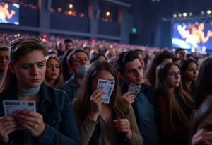 A group of disappointed fans looking at their concert tickets.