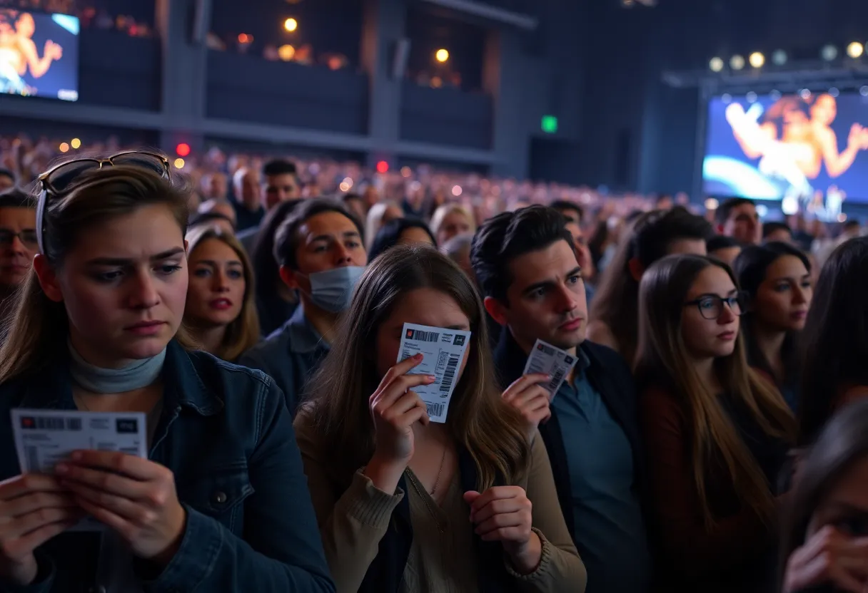 A group of disappointed fans looking at their concert tickets.