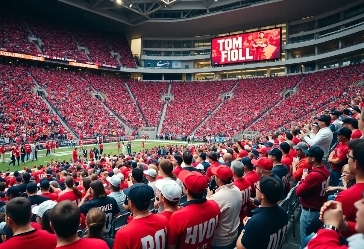 Fans at Georgia Bulldogs game wearing red, black, and white shirts