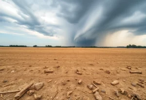 Dry field in Georgia with clouds signaling rain