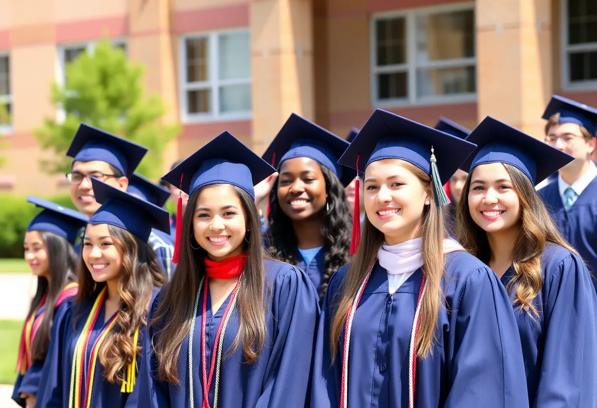 A group of diverse high school graduates celebrating their graduation outdoors.
