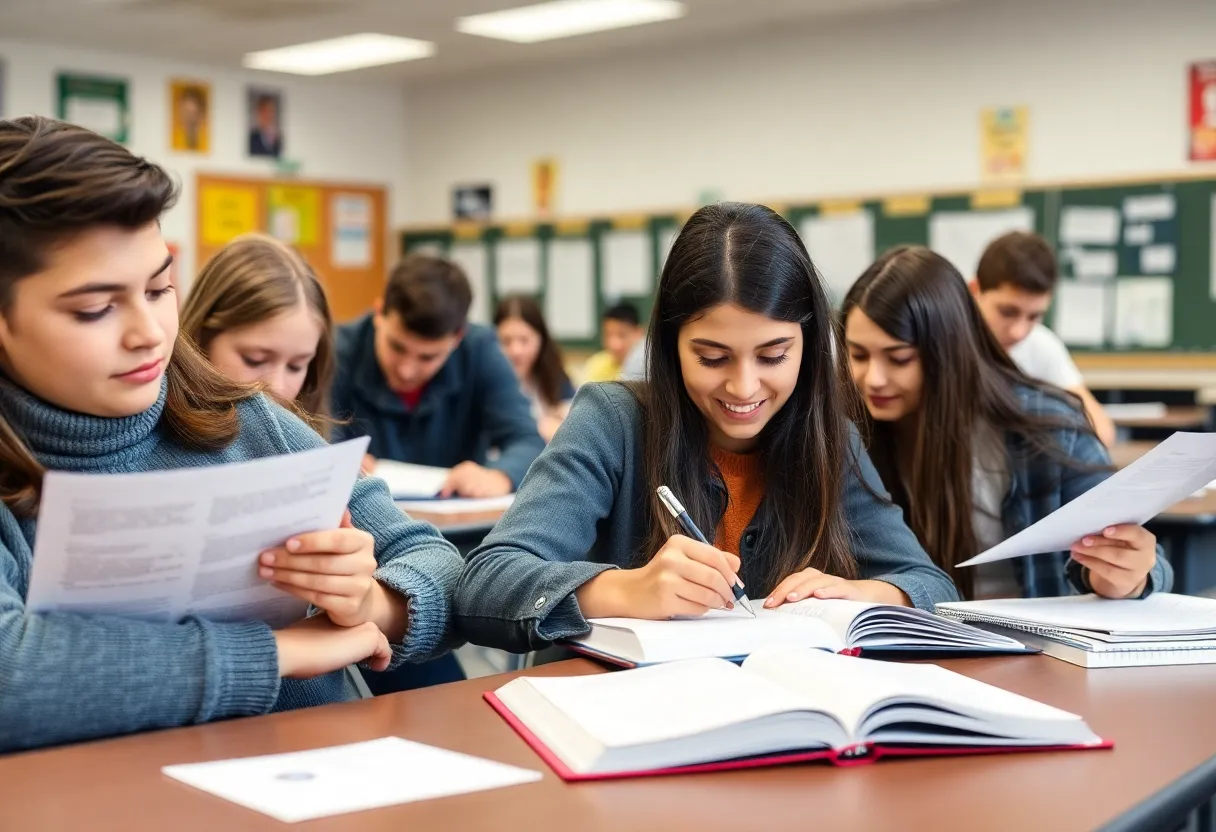 Students studying together in a classroom for SAT preparation.