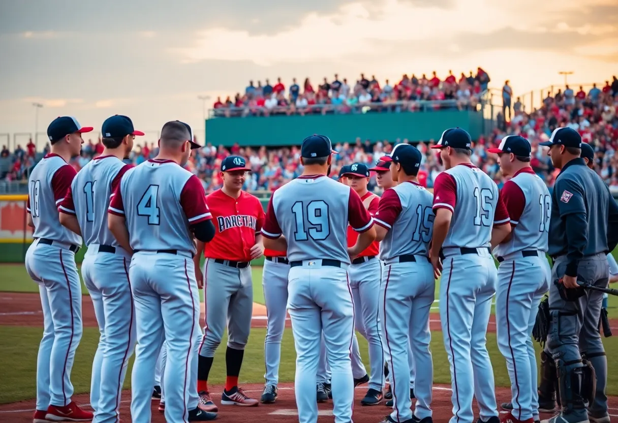 Georgia State Baseball Team in a huddle on the field.