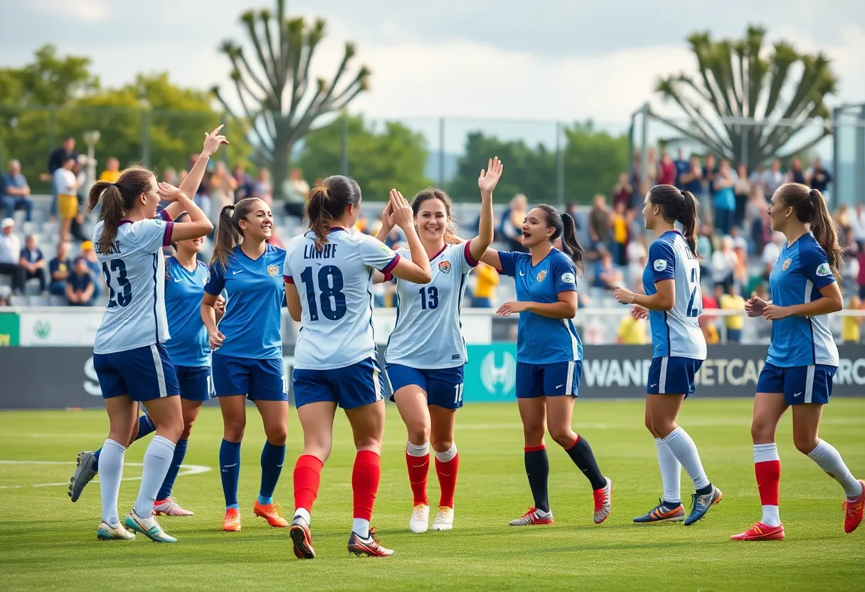 Georgia State women's soccer team celebrating a victory at GSU Soccer Complex