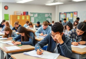 Diverse high school students focused on taking the SAT exam