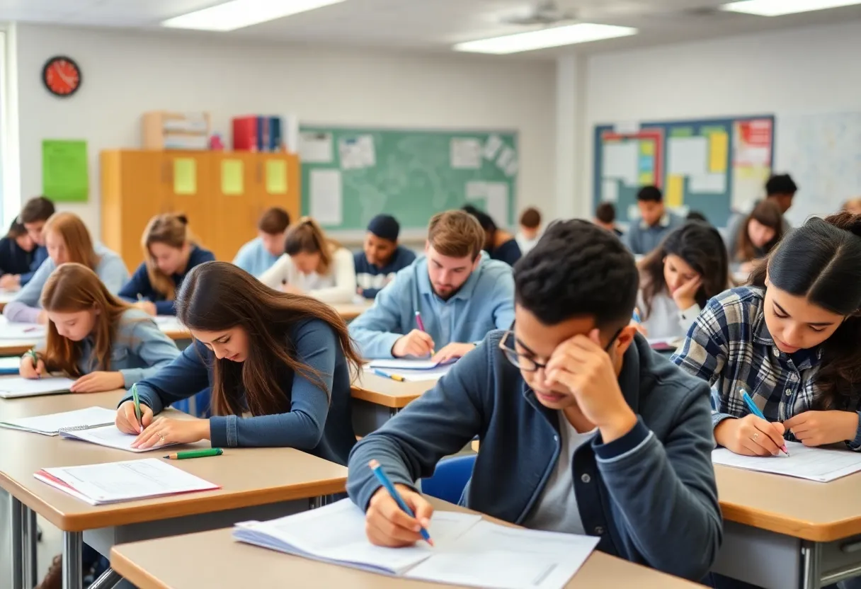 Diverse high school students focused on taking the SAT exam