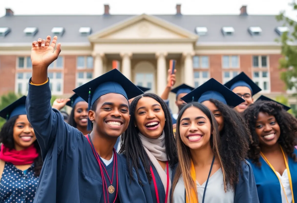 Diverse group of graduates celebrating at HBCU campus