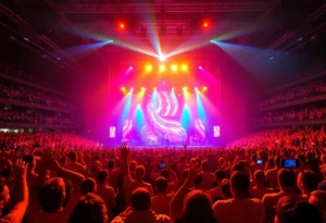 Scene from Gunna's Wun World Tour concert with fans and stage lights