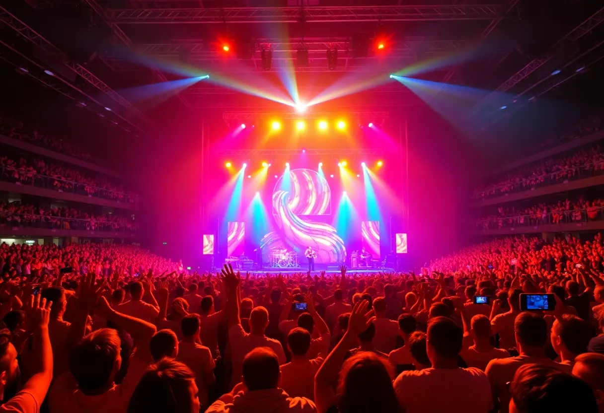 Scene from Gunna's Wun World Tour concert with fans and stage lights