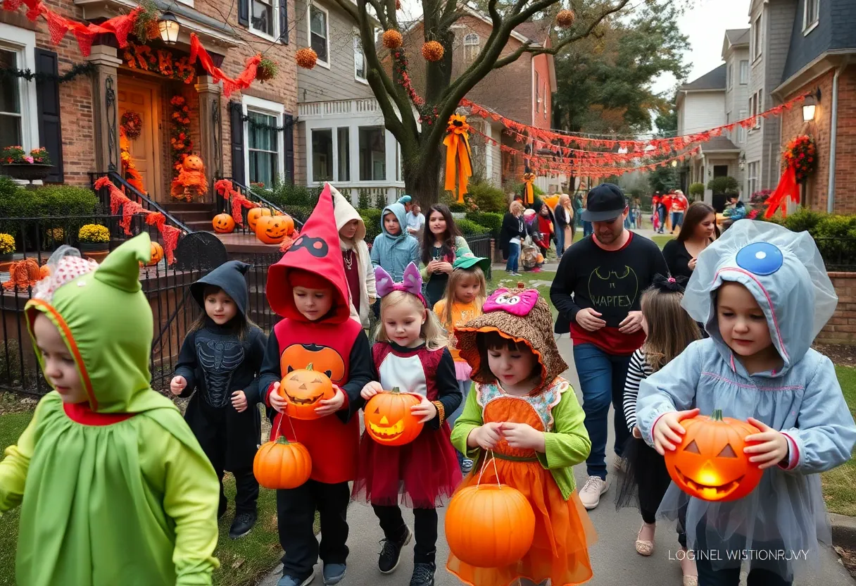 Children trick-or-treating in an Atlanta neighborhood during Halloween