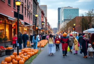 Festive Halloween scene in Atlanta with decorated streets and people in costumes