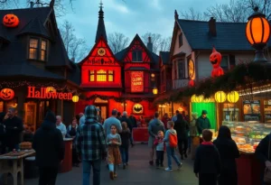 A festive Halloween scene in Metro Atlanta with haunted houses and themed decorations.