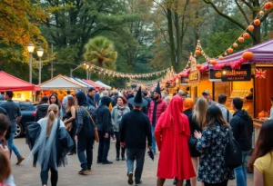 Families celebrating Halloween in Atlanta with costumes and decorations.