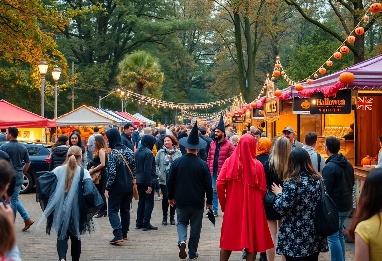 Families celebrating Halloween in Atlanta with costumes and decorations.