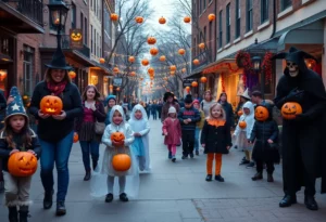 Families celebrating Halloween in Atlanta with decorations and costumes.