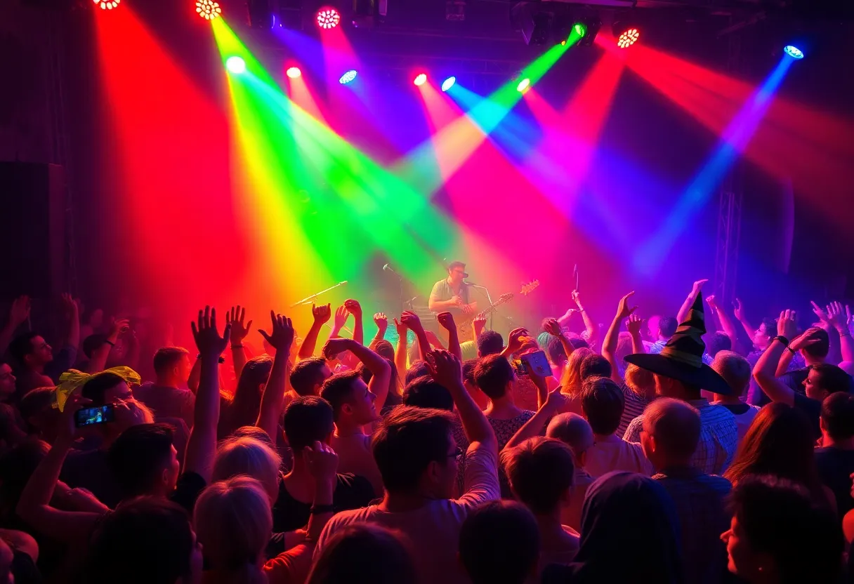 Crowd enjoying a Halloween concert with colorful lights and festive decorations.