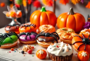 A selection of Halloween-themed treats including spider donuts and festive desserts.